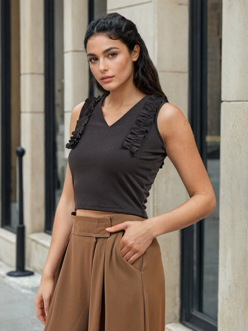 Women's Black Fitted Textured Scoop Neck Ruffle Top