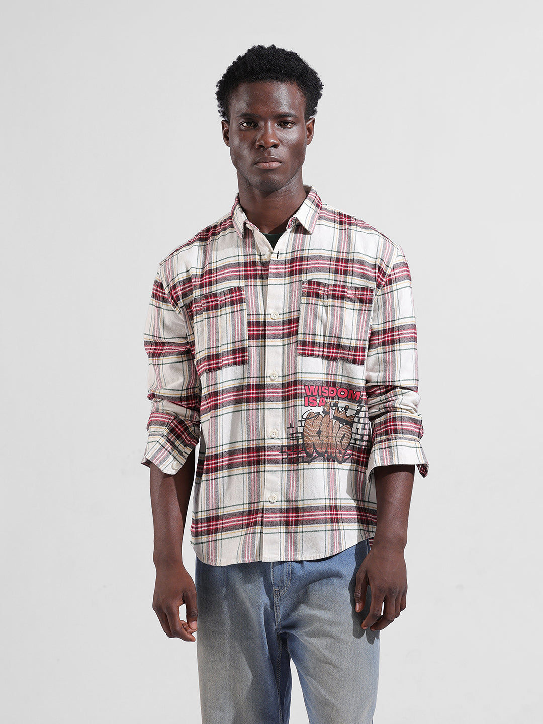Men's Off White Relaxed Fit Checkered Street Shirt