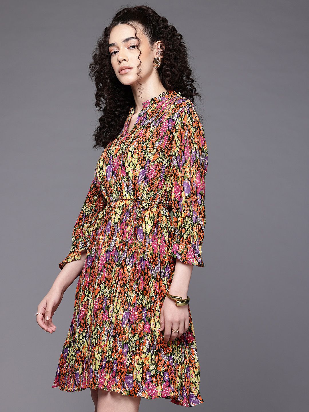 Freehand Multicolor Relaxed Fit Floral Pleated Dress