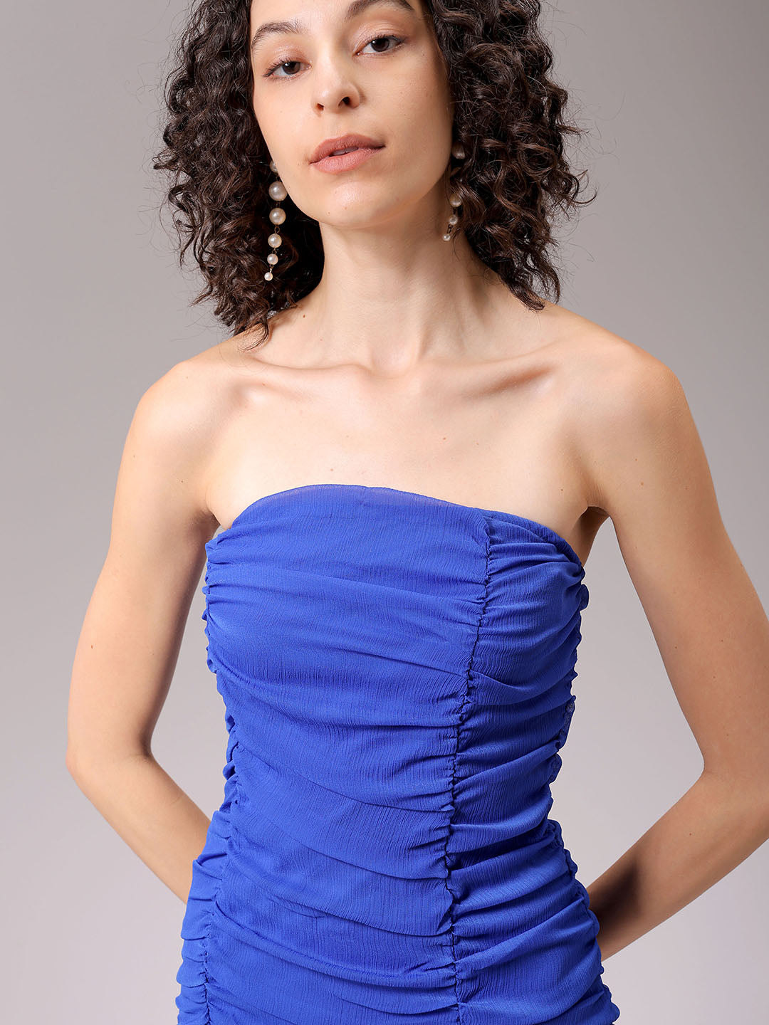 Women's Blue Fitted Solid Tube Dress