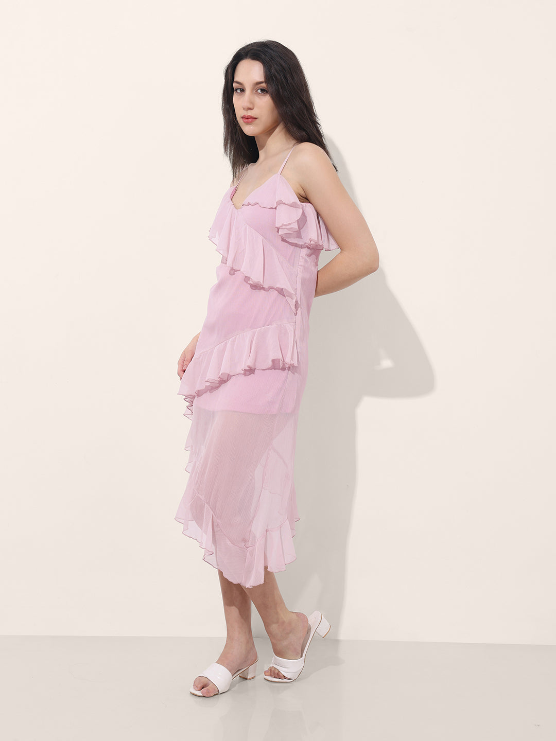Women's Pink Fit and Flare Solid Asymmetric Dress