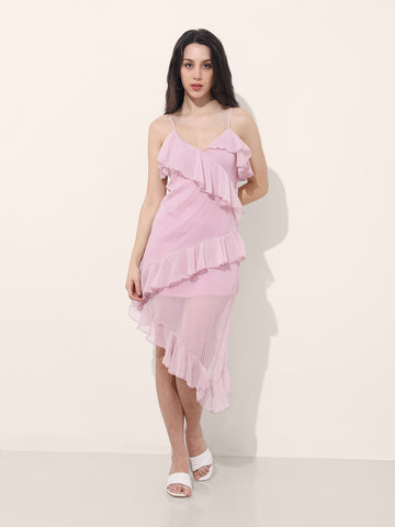 Women's Pink Fit and Flare Solid Asymmetric Dress