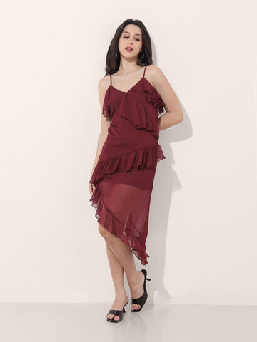 Women's Maroon Fit and Flare Solid Asymmetric Dress