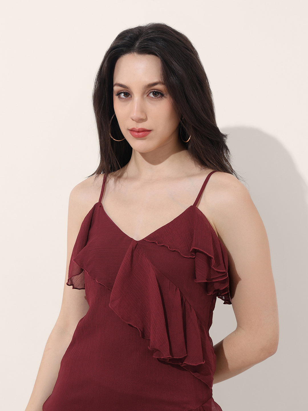 Women's Maroon Fit and Flare Solid Asymmetric Dress