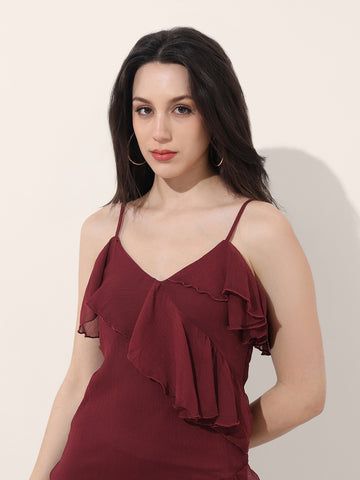 Women's Maroon Fit and Flare Solid Asymmetric Dress