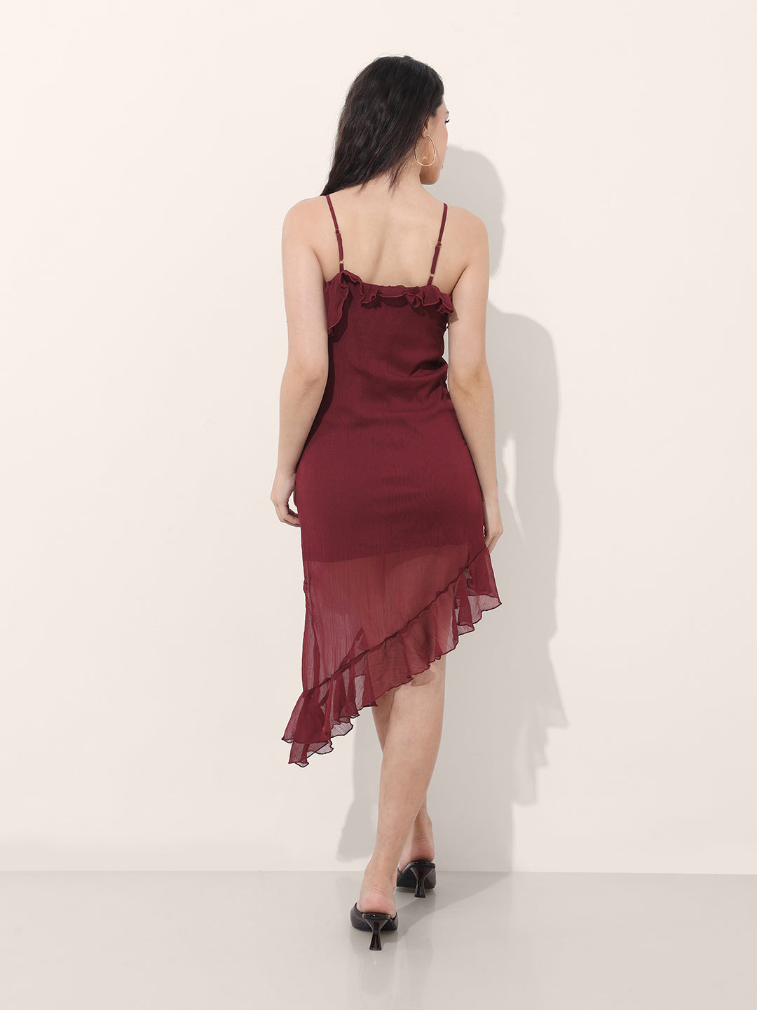 Women's Maroon Fit and Flare Solid Asymmetric Dress