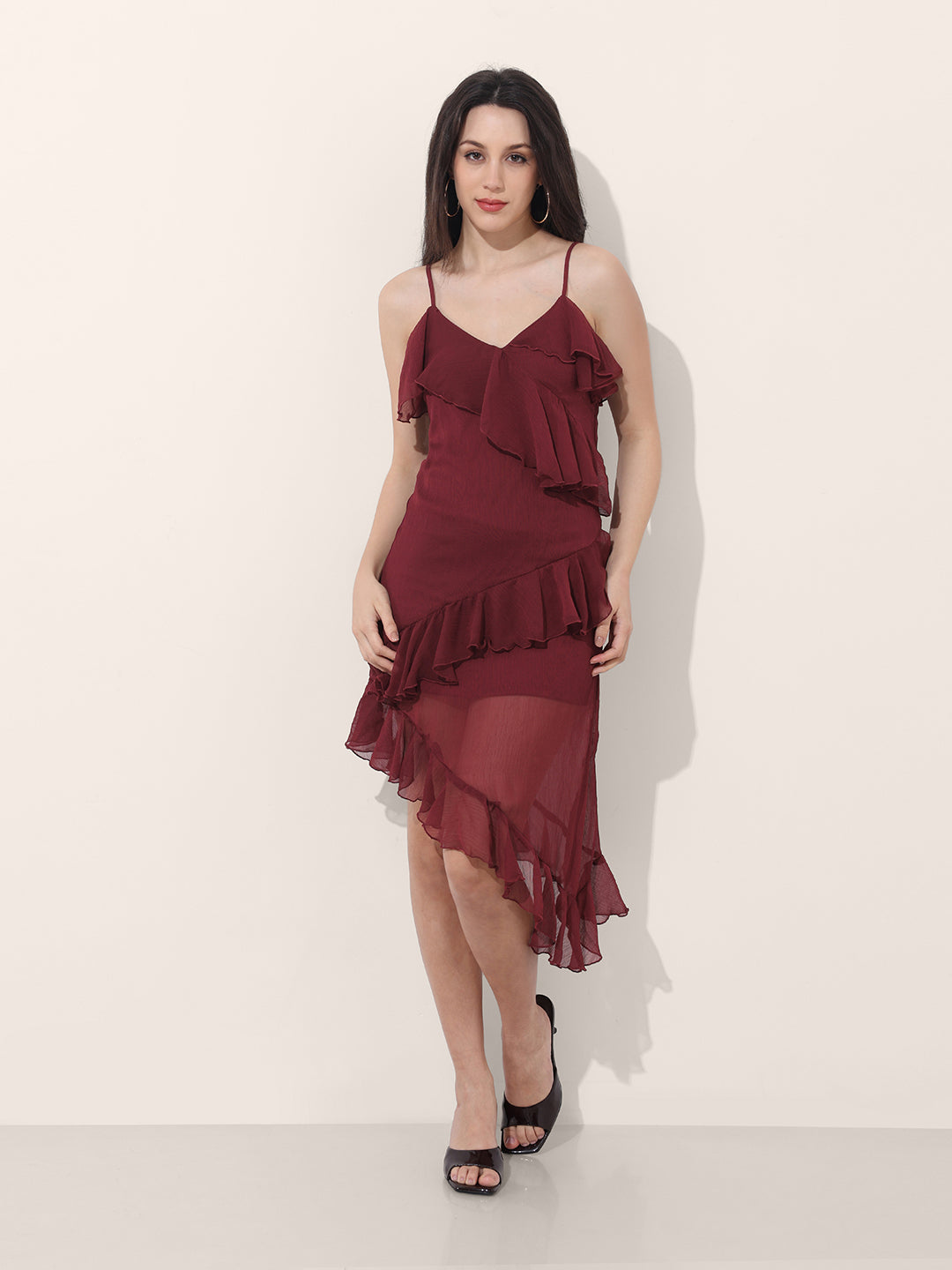 Women's Maroon Fit and Flare Solid Asymmetric Dress