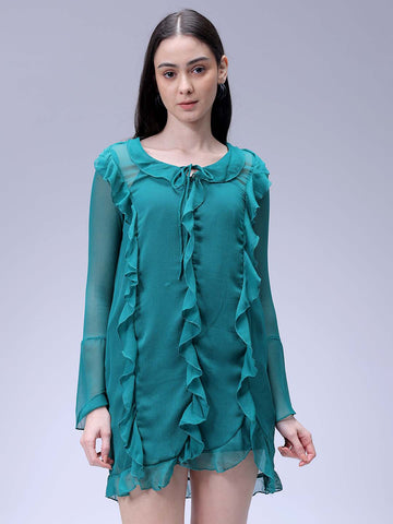 Women's Green A-Line Solid Ruffle Dress