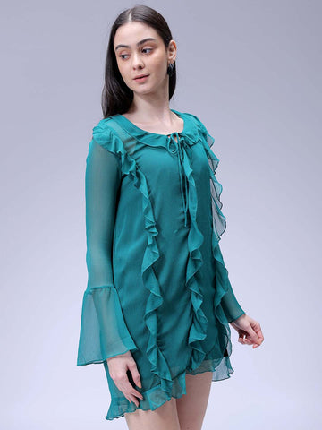 Women's Green A-Line Solid Ruffle Dress