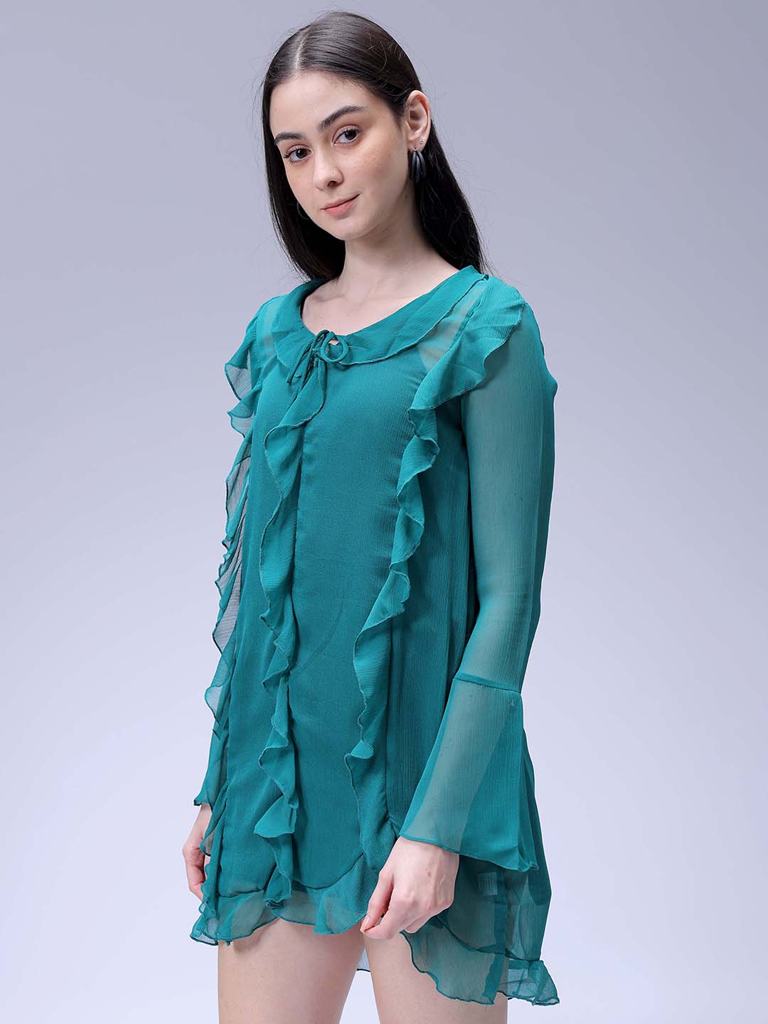 Women's Green A-Line Solid Ruffle Dress