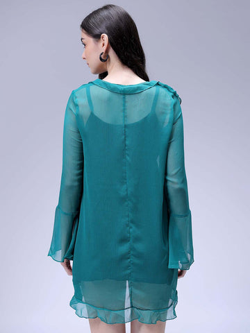 Women's Green A-Line Solid Ruffle Dress