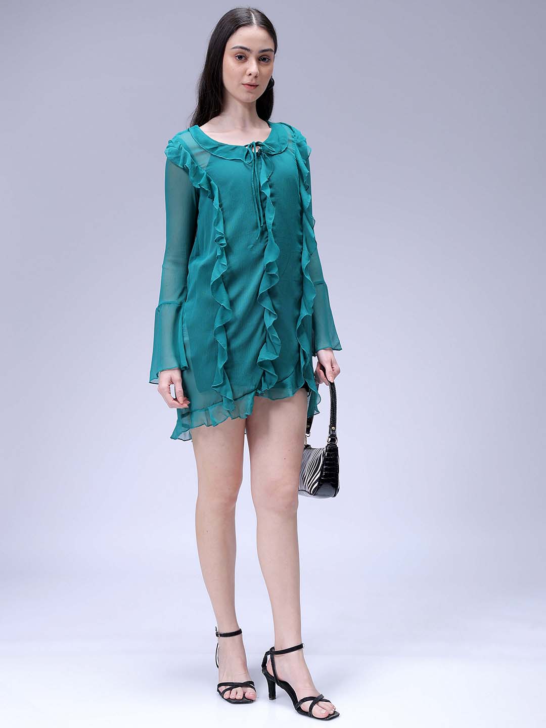 Women's Green A-Line Solid Ruffle Dress