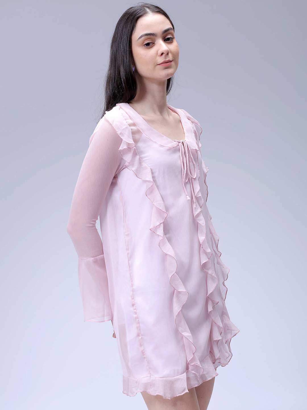 Women's Pink A-Line Solid Ruffle Dress