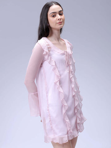 Women's Pink A-Line Solid Ruffle Dress