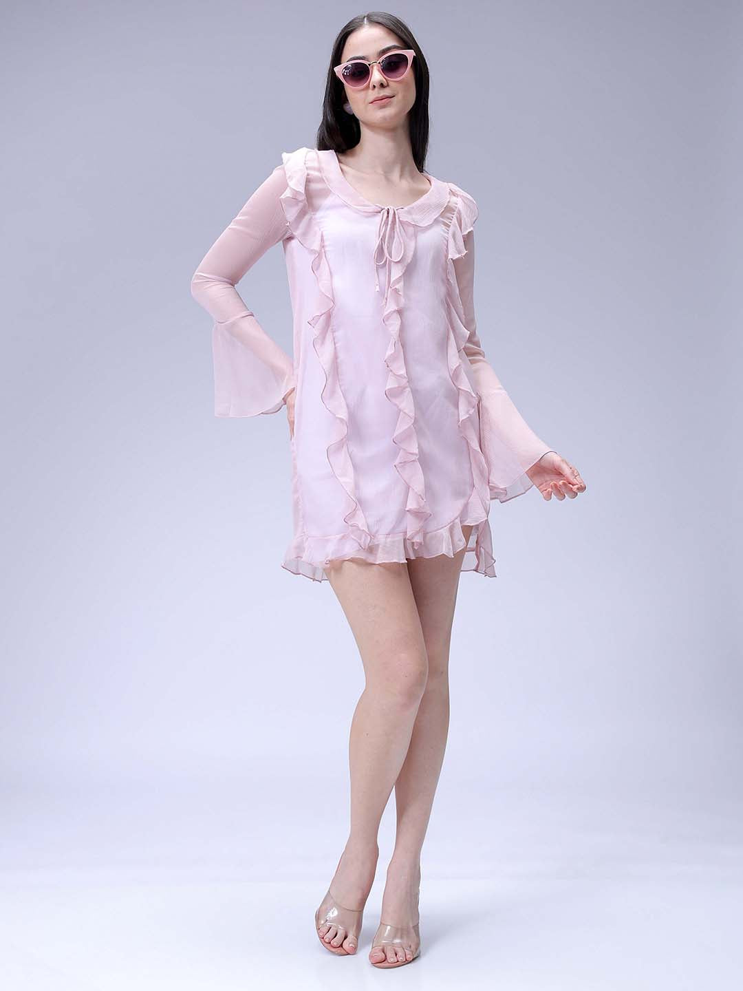 Women's Pink A-Line Solid Ruffle Dress