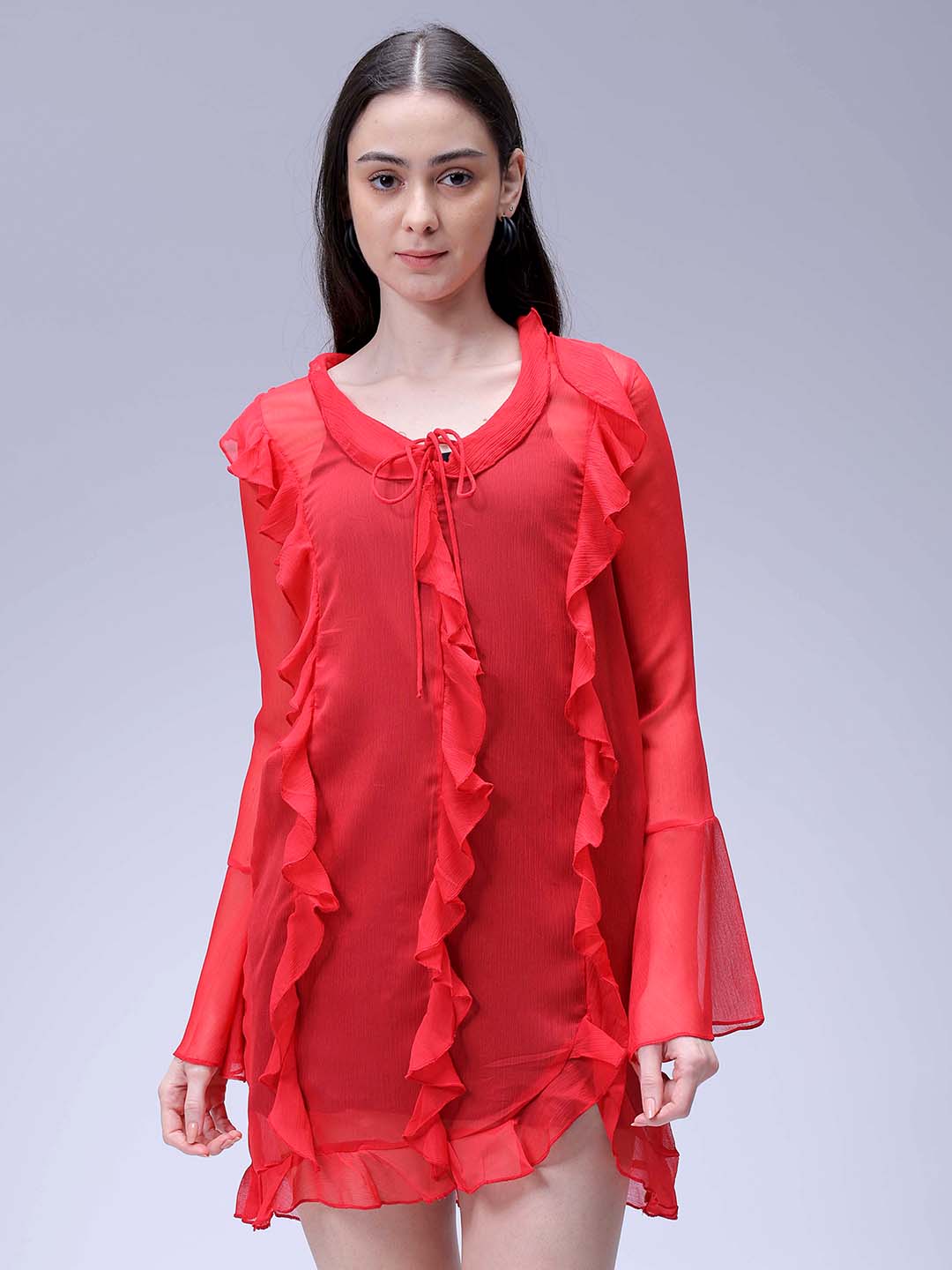 Women's Red A-Line Solid Ruffle Dress