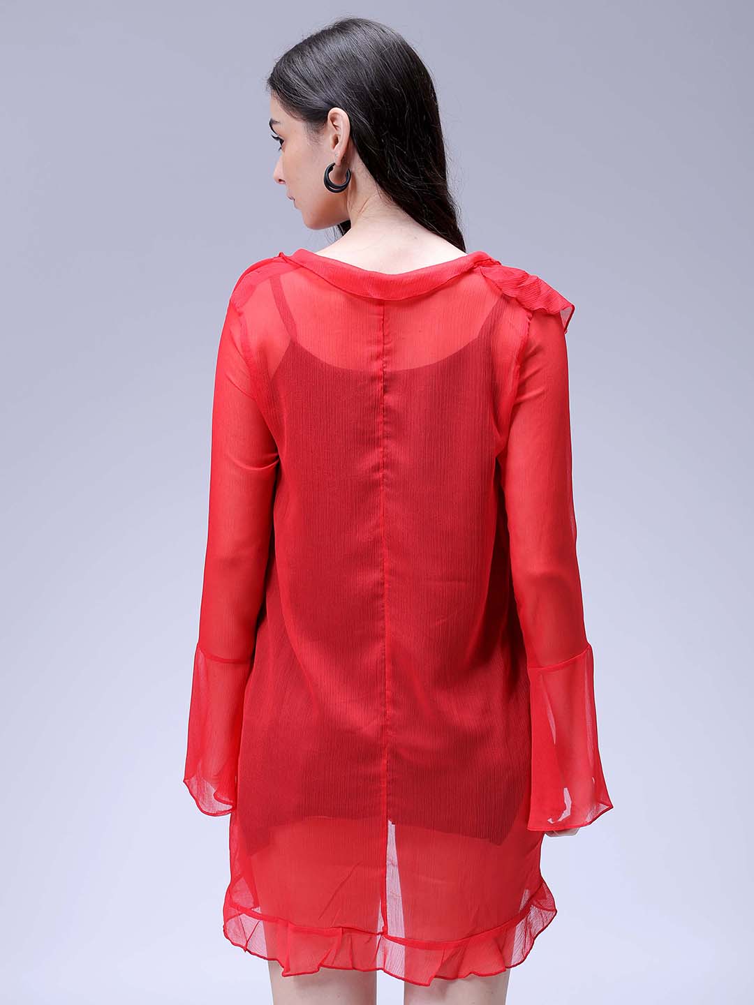 Women's Red A-Line Solid Ruffle Dress