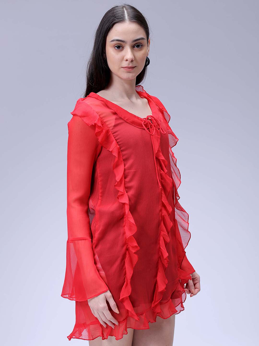Women's Red A-Line Solid Ruffle Dress
