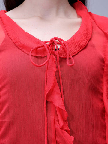 Women's Red A-Line Solid Ruffle Dress