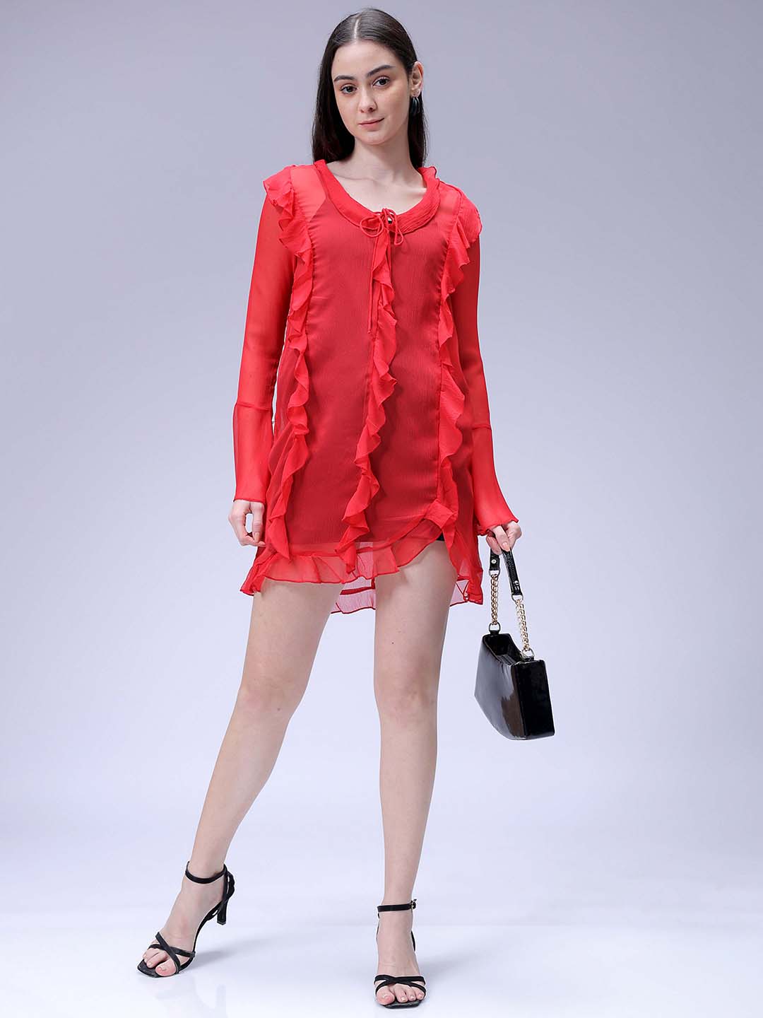 Women's Red A-Line Solid Ruffle Dress