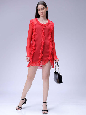 Women's Red A-Line Solid Ruffle Dress