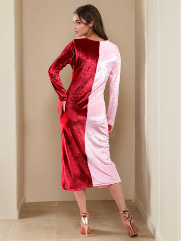 Women's Colourblocked Knot Velvet Dress