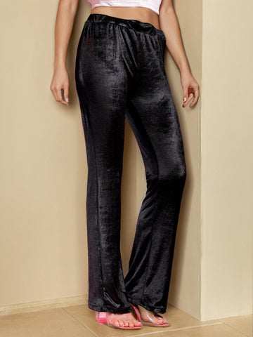 Women's Black Regular Fit Solid Velvet Bootcut Trousers