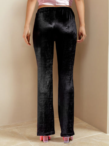 Women's Black Regular Fit Solid Velvet Bootcut Trousers