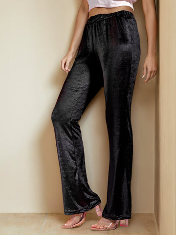 Women's Black Regular Fit Solid Velvet Bootcut Trousers