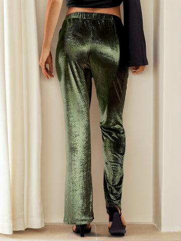 Women's Green Regular Fit Solid Velvet Bootcut Trousers