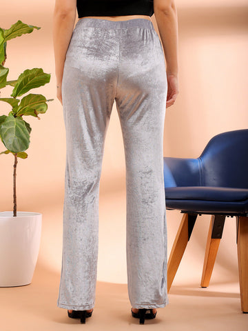 Women's Grey Regular Fit Solid Party Velvet Trousers