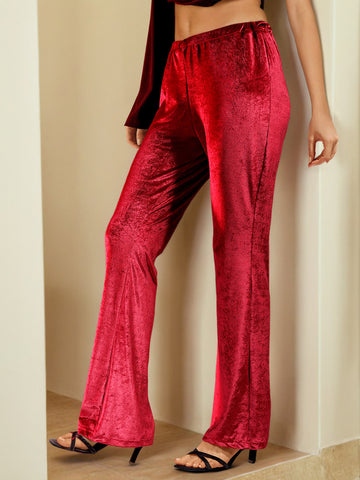 Women's Red Regular Fit Solid Velvet Bootcut Trousers