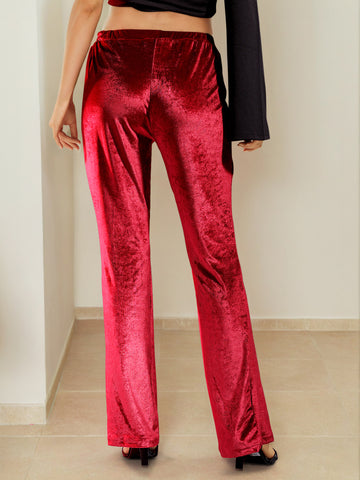 Women's Red Regular Fit Solid Velvet Bootcut Trousers