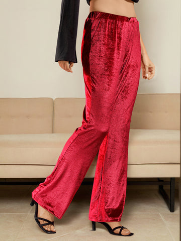 Women's Red Regular Fit Solid Velvet Bootcut Trousers
