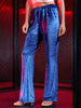 Women's Blue Regular Fit Solid Velvet Bootcut Trousers