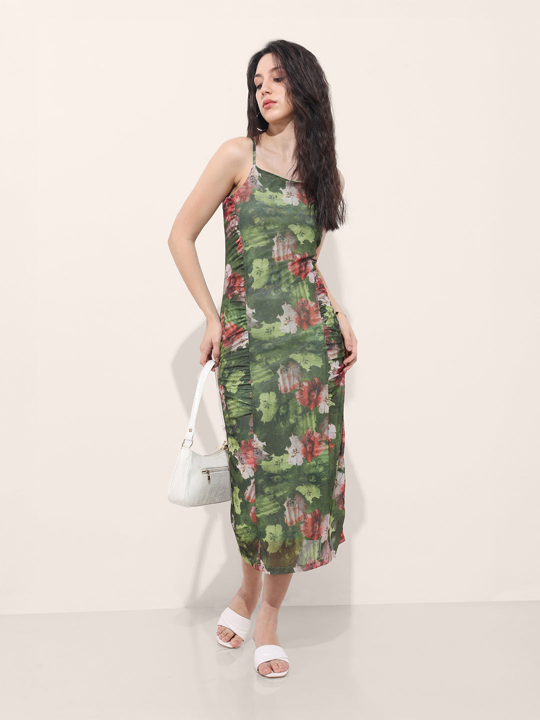 Women's Green Fitted Floral Gathered Dress