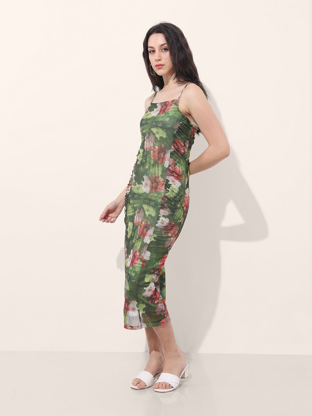 Women's Green Fitted Floral Gathered Dress