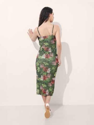 Women's Green Fitted Floral Gathered Dress