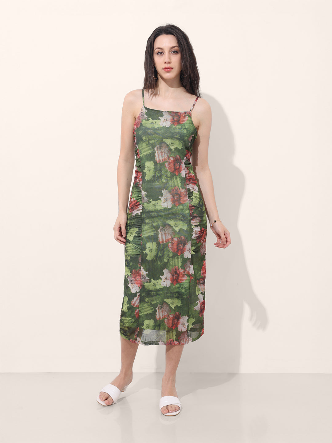 Women's Green Fitted Floral Gathered Dress