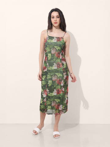 Women's Green Fitted Floral Gathered Dress