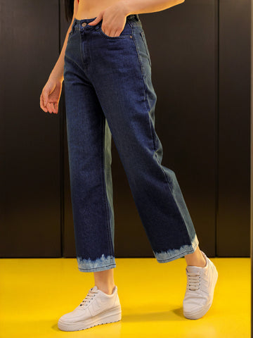 Women's Wide Leg Jeans With Tie N Dye Detail