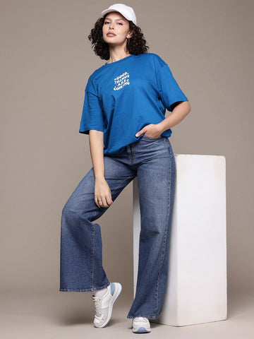 Freehand Women Regular Fit Typographic Oversized T-Shirt