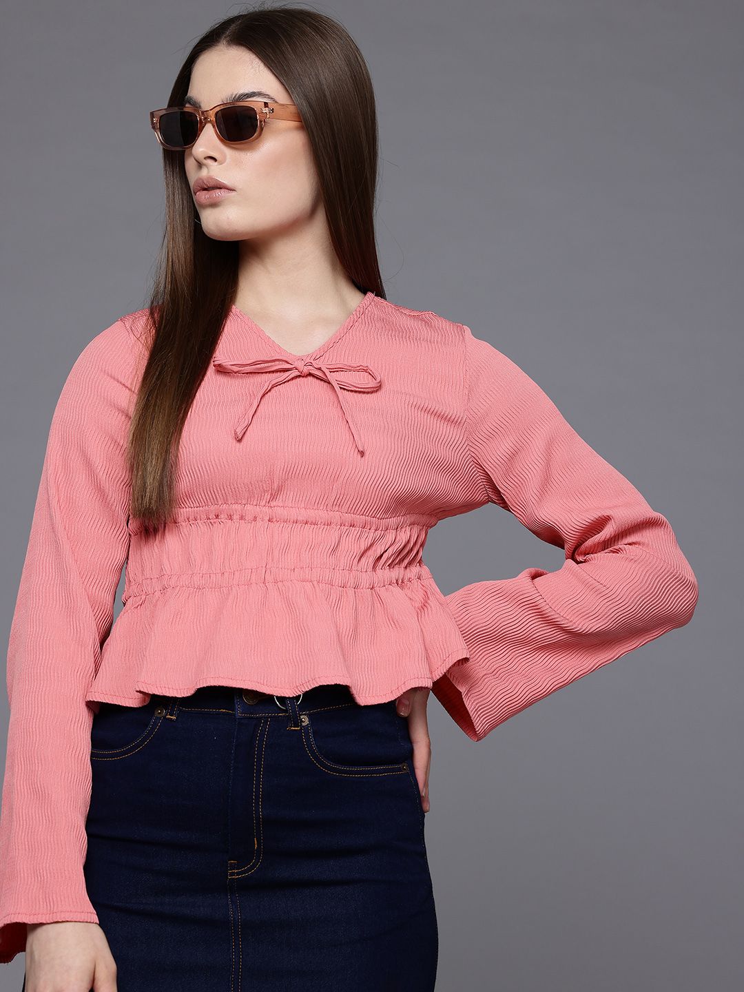 Freehand Peach Women's Regular Fit Textured Cinched Waist Top