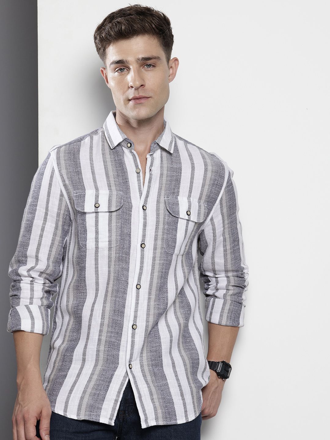 Men's Grey Slim Fit Striped Casual Shirt