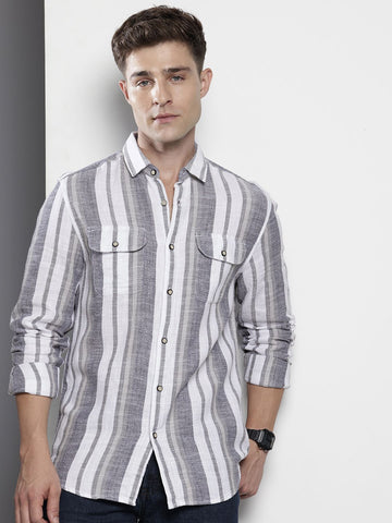 Men's Grey Slim Fit Striped Casual Shirt