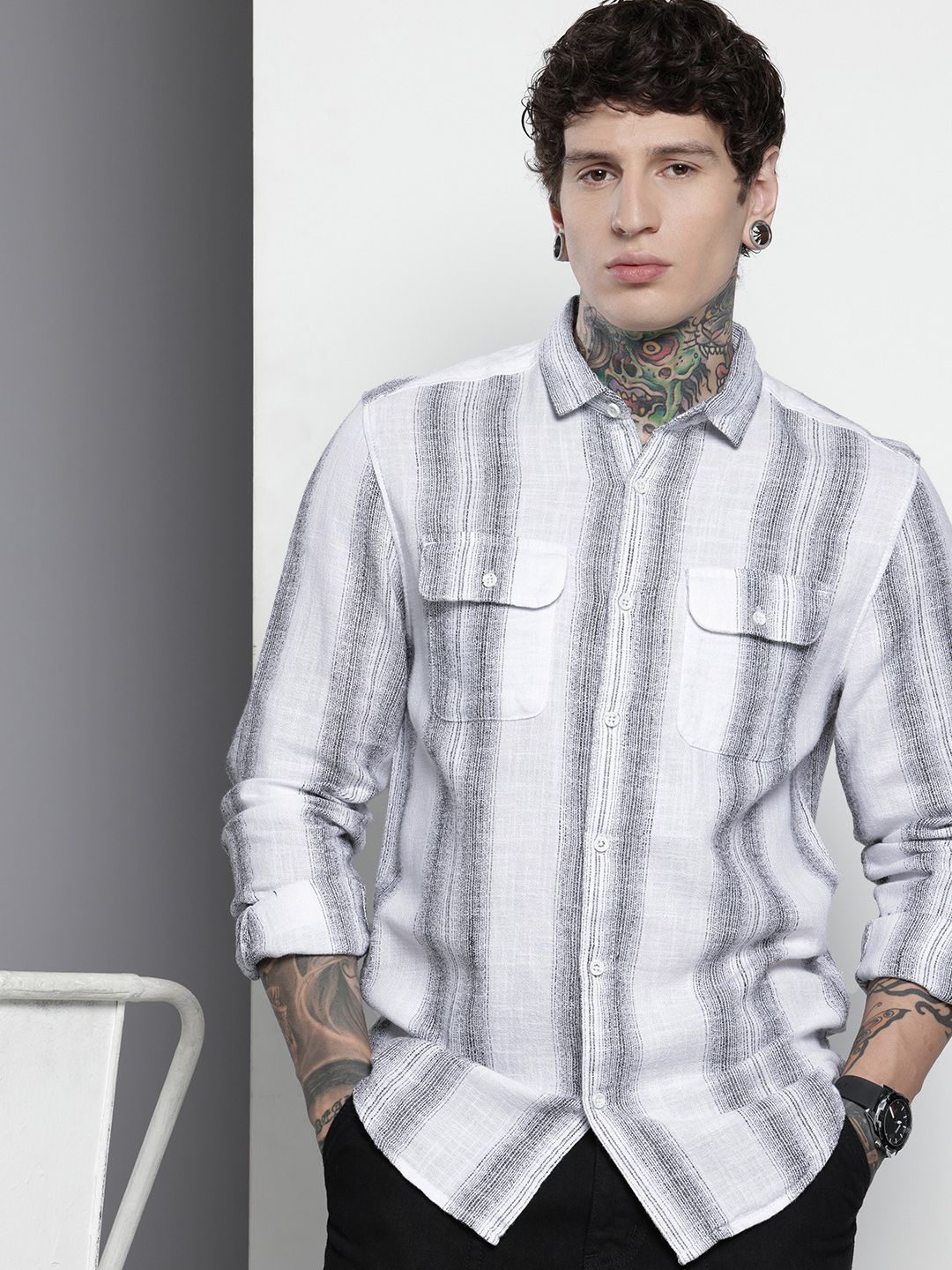 Men's White Slim Fit Striped Casual Shirt