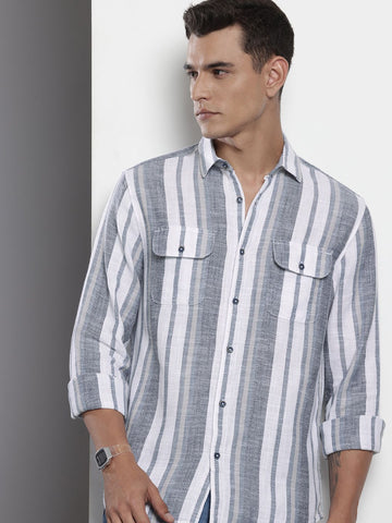 Men's Grey Slim Fit Striped Casual Shirt