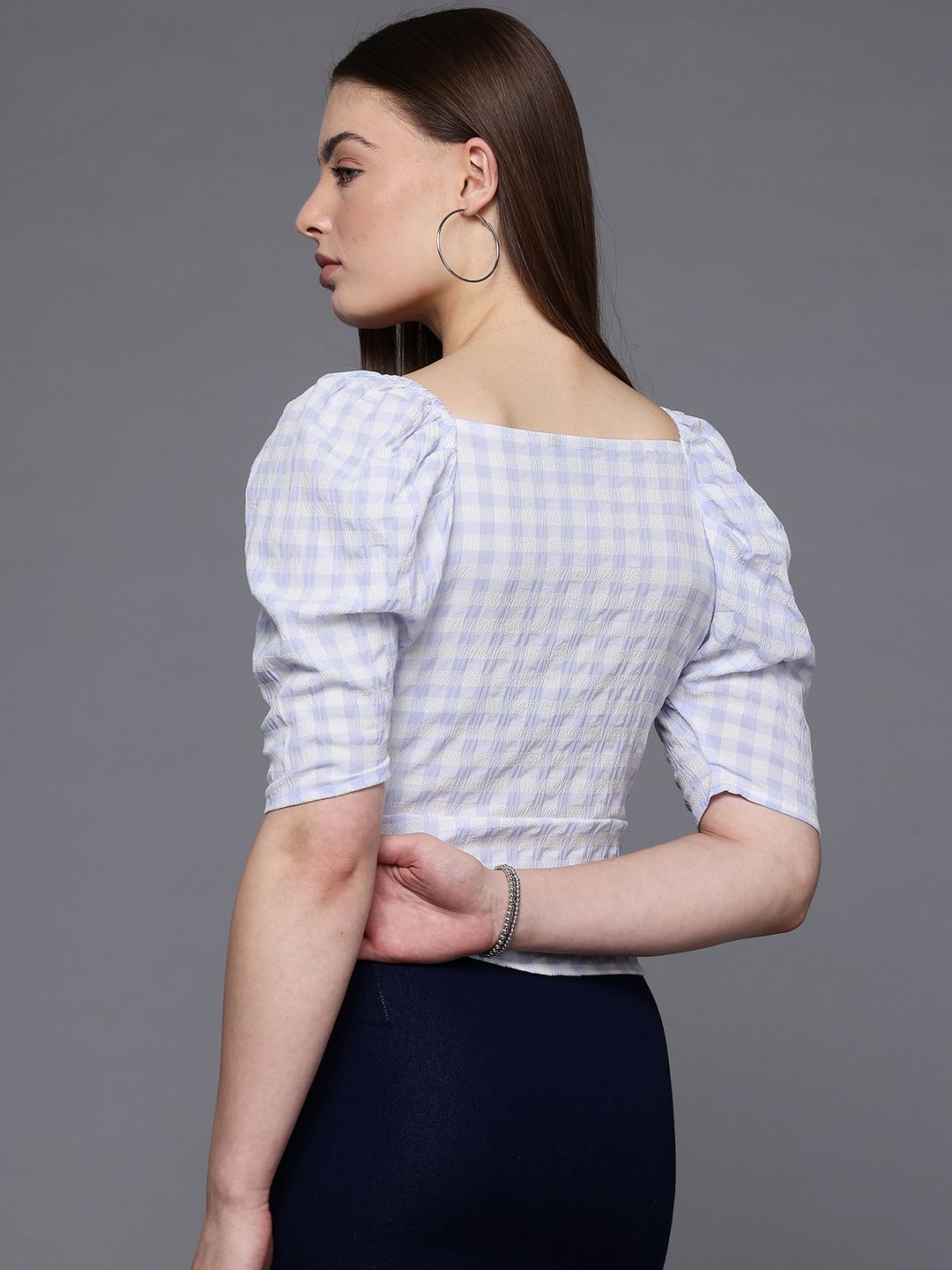 Freehand Blue Women's Fitted Textured Tie Up Wrap Top