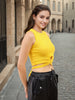 Women's Yellow Fitted Solid Round Neck Crop Top