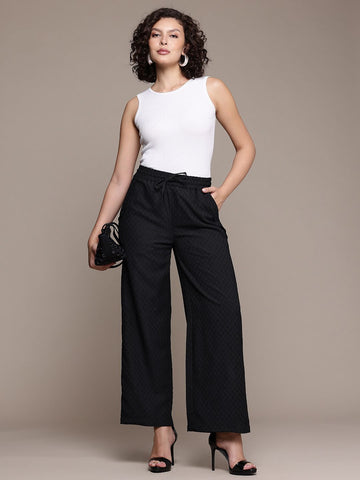 Women's Black Regular Fit Casual Trousers